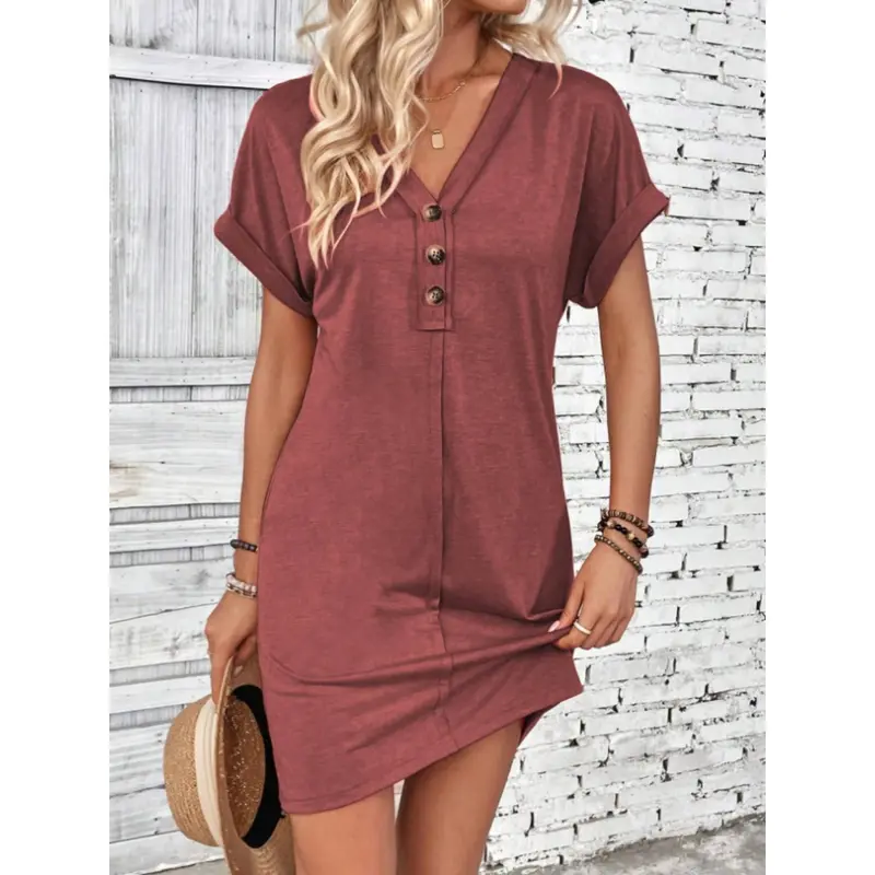 Plain Button V Neck Tee Dress for Women, Casual Comfort Shortsleeve Batwing Sleeve Short Dress for Summer, Summer Dresses 2025, Fashion Women's Dress, Birthday Dresses 2025, Wedding Guest Dress 5