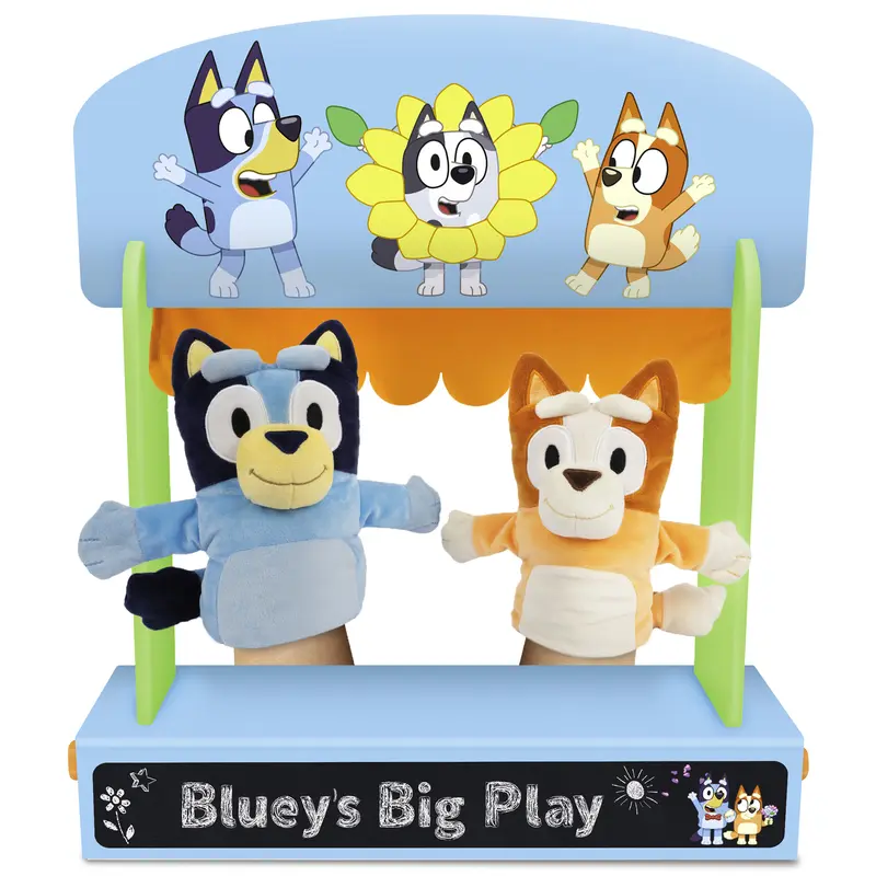 Bluey Wooden Puppet Theater Playset - FSC-Certified Wood, Includes 2 Hand Puppets, Chalk & Curtain, Eco-Friendly Toy for Kids 3+, Compact & Easy to Store, Inspires Imagination & Storytelling 0