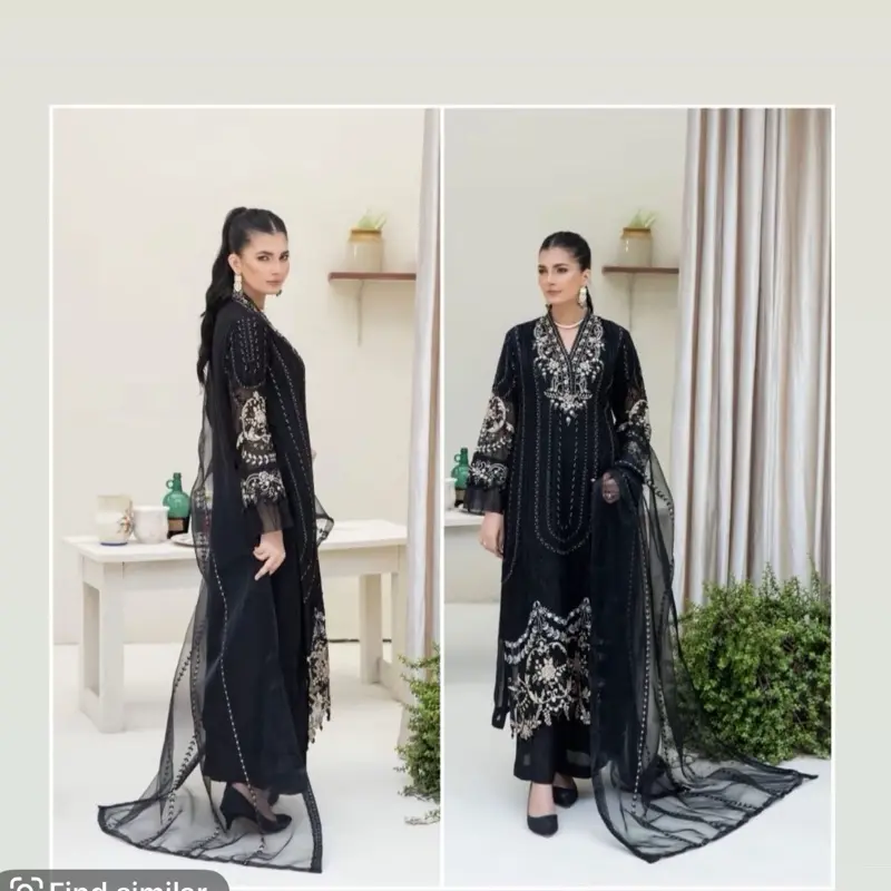 Beautiful Chiffon Embroidered 3pc Suit with Soft Net Dupatta and Plain Plazoo for Women's Formal Wear - Womenswear 2