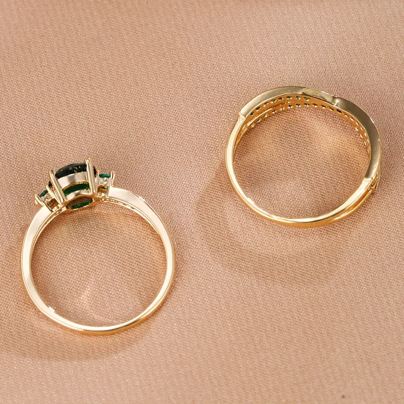 Product Introduction of Elegant Golden-Tone Ring Set with Green Gemstone and Crystal Accents – Stylish Multi-Band Design for Daily Wear or Gifting, Daily Wear Jewelry|Stacked Ring Design|Precious Metal Look 7