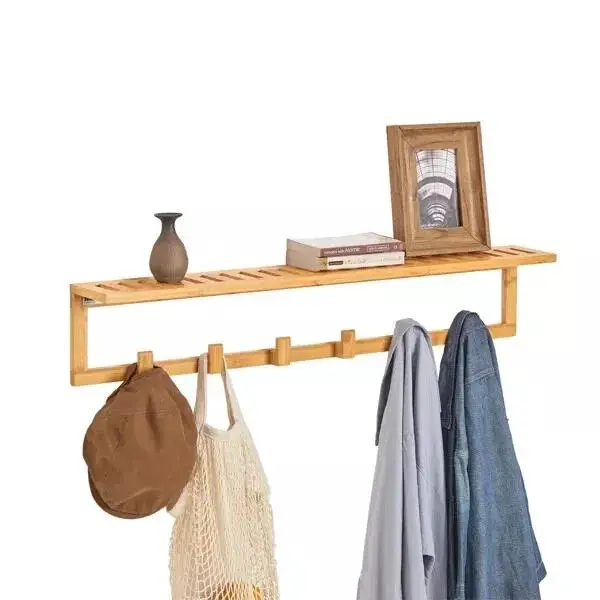 Bamboo 6 Hooks Clothes Towel Coat Hanger Wall Mounted With Display Storage Rack Hanging Shelves Decor Organiser Decorative Room Hangable 2