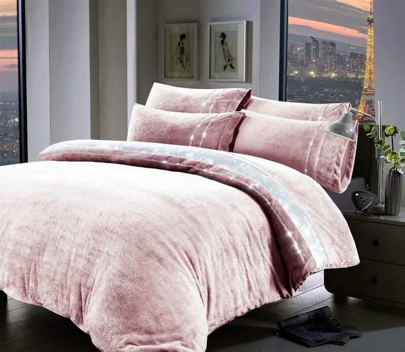 Diamante Teddy Fleece Duvet Quilt Cover Cosy Super Soft Bedding Set Pillow Case 2