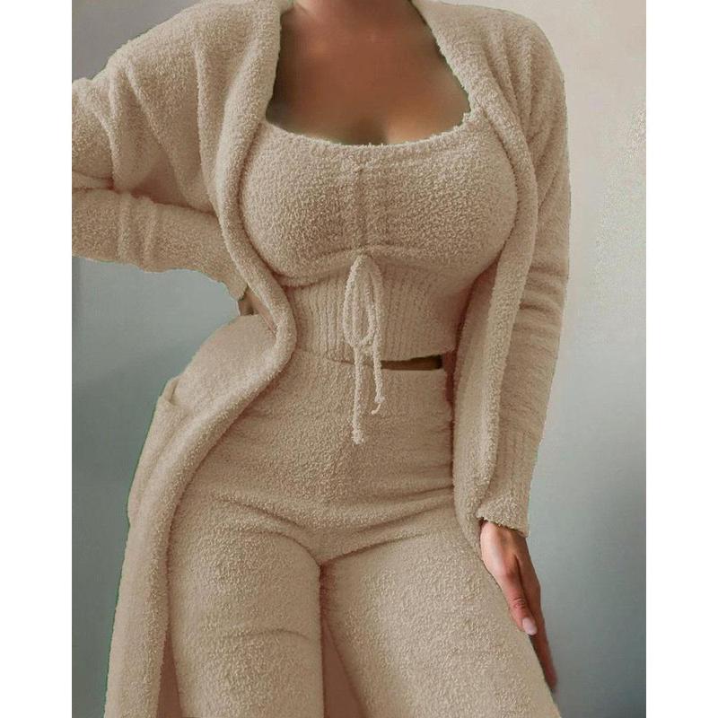 2024 New Winter Women's Velvet Pajamas Set Crop Top+Long Pants+Coat 3 Pieces Suit Warm Soft Fleece Homewear Pyjamas S-3XL 1
