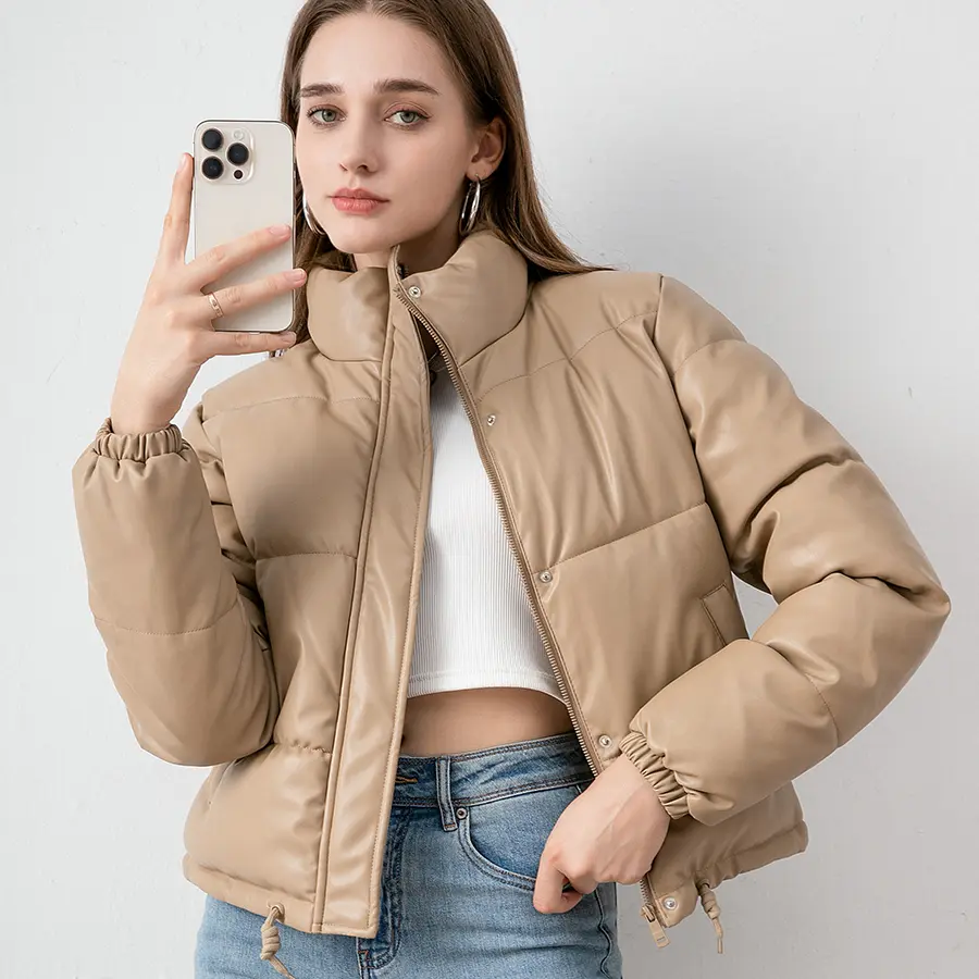 Smileader Women Casual Faux Leather Waterproof Comfort Puffer Jacket for women,  Trendy Solid Color Windproof Warm Minimalist Puffer Coat, Long Sleeve Stand Collar Deep Pockets Classic Casual Womenswear Tops