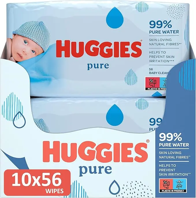 Huggies Pure Baby Wipes - Pack of 10 (10 x 56 Packs, Total 560 Wipes)