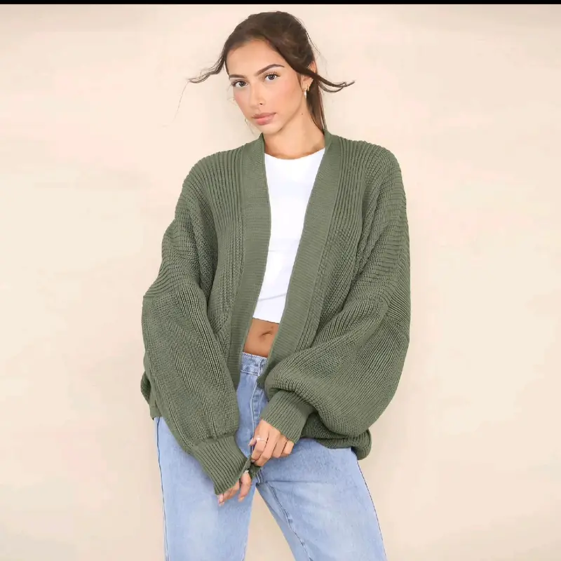 Women's Oversized Knitted Short Cardigan with Balloon Sleeves - Casual, Clothing Comfortable Knitwear Soft Womenswear 1