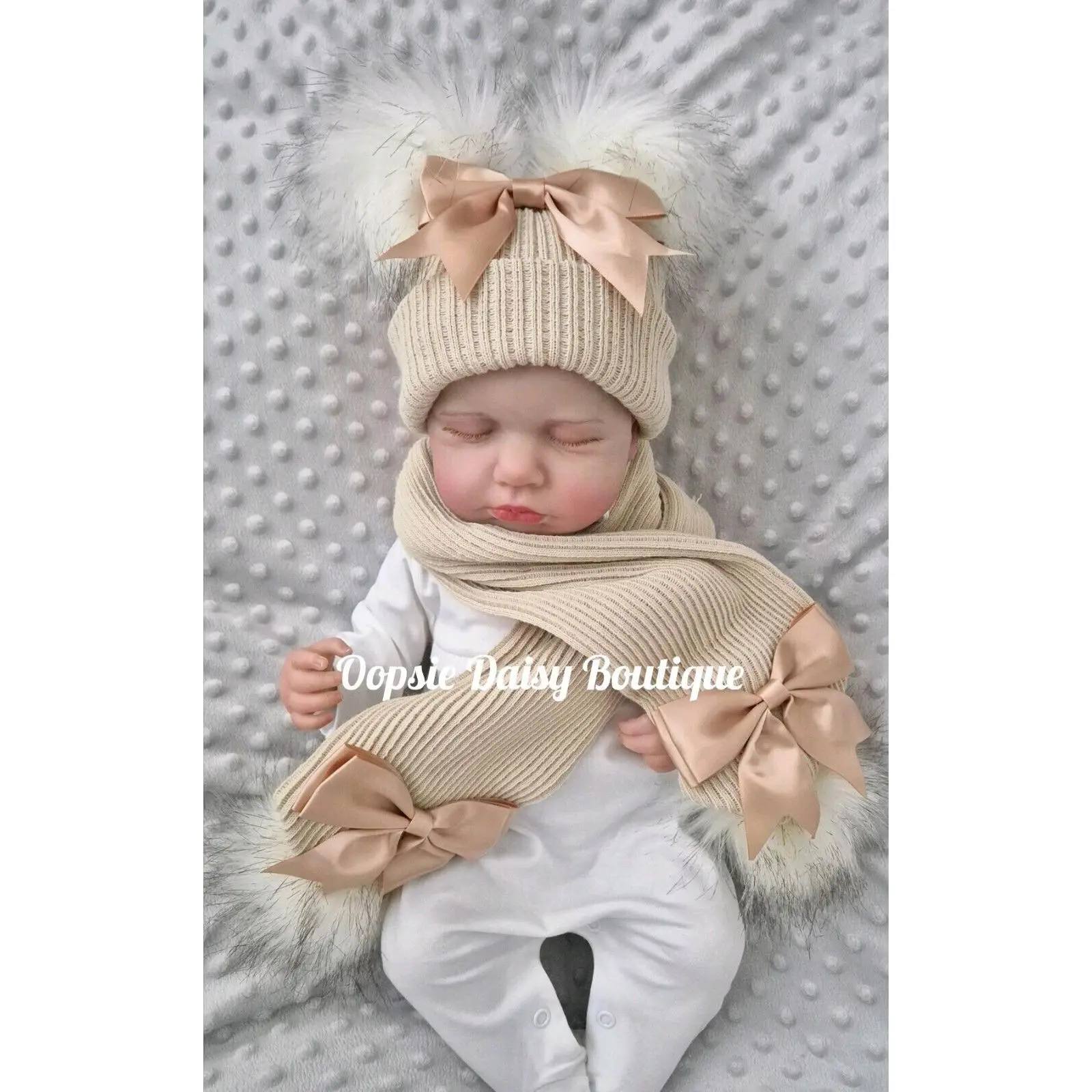 Girls Beige Knitted Pom Pom Hats & Scarf with Ribbon Sizes 0-6yrs