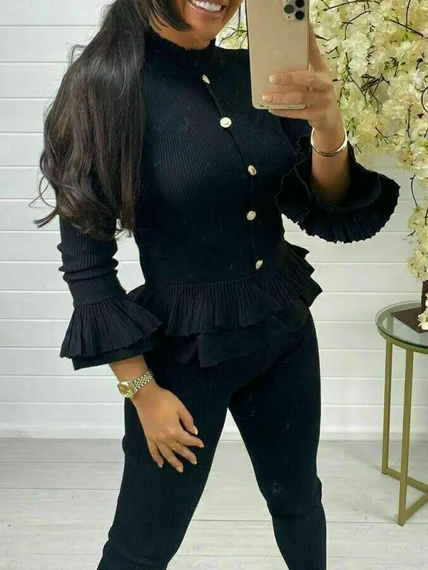 Ladies Fine Ribbed Frill Peplum Gold Button Loungewear Suit Women Tracksuit Set Fashion Womenswear Polyester Top Bottom Fabric High Waist 4