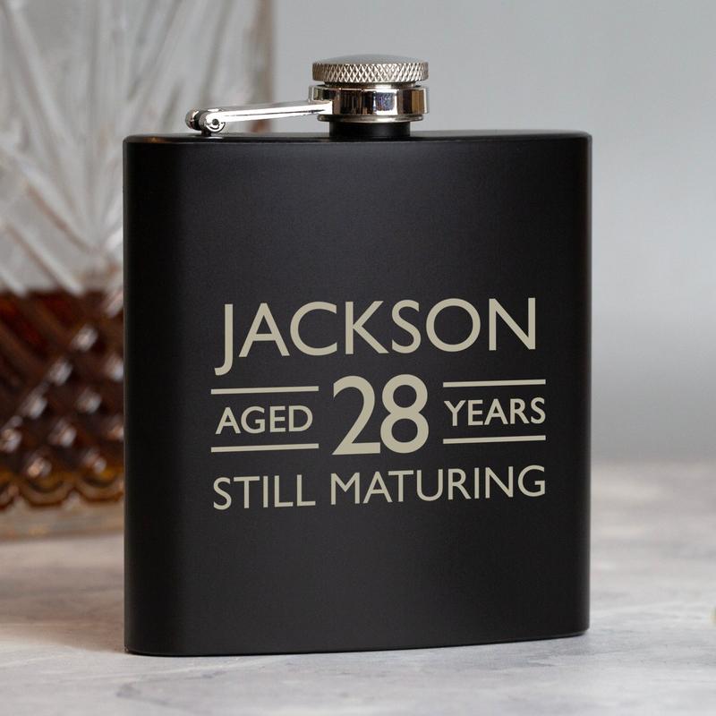 Personalised 6oz Black Aged Birthday Hip Flask 1
