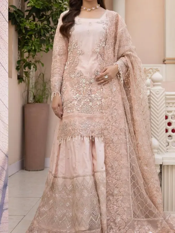 |S-1542 | - Simran Net Embroidered Kameez - Womenswear, Sharara, Heavy Embroidery, Luxury, Formal, Elegant, Comfortable Fabric Floral Dress 1