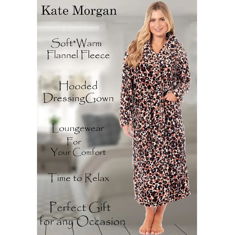 KATE MORGAN Womens Hooded Dressing Gown Loungewear Fleece Robe Leopard Ideal Ladies Gifts UK sizes 8-10 12-14 16-18 20-22 5