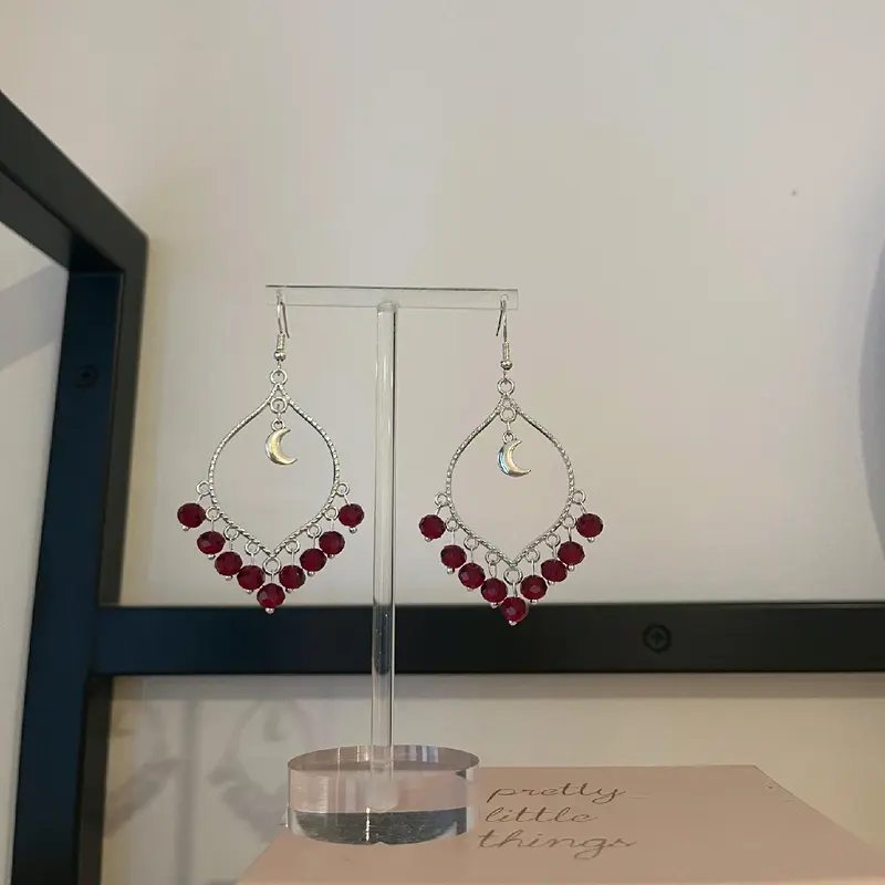 Hand-Made Silver Moonlight Maroon Crystal Bead Earrings for Women - Unique Design 5