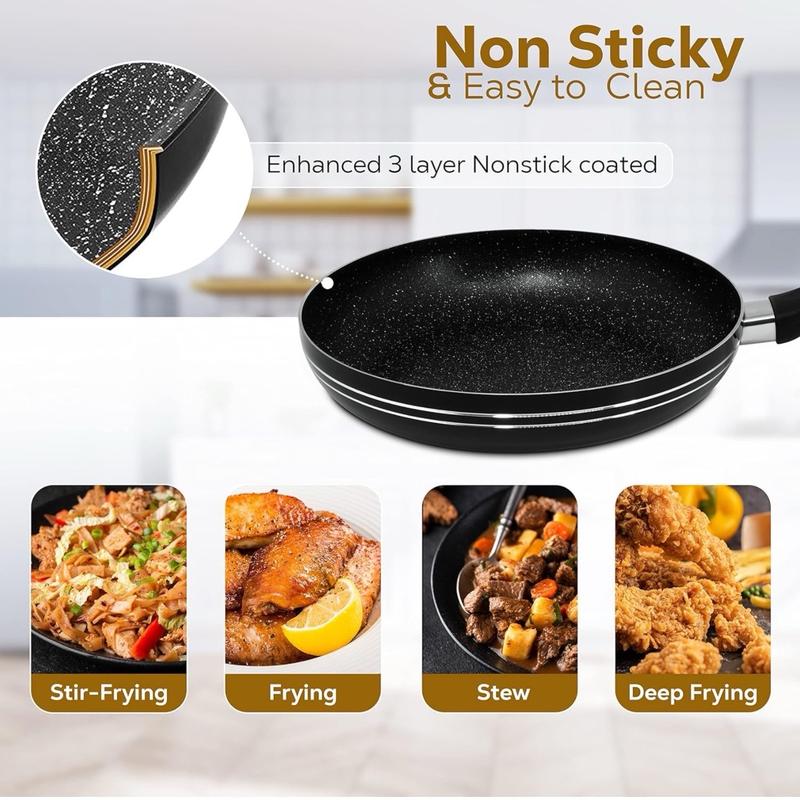 Daifort Nonstick Frying Pan 20cm- Breakfast24cm-26cm-28cm-30cm-32cmLayer Non-Stick Coated Granite Fry Pan with Induction Bottom/Scratch Resistant/Suitable for Induction, Electric and Gas Hobs/- Black Cookware 4