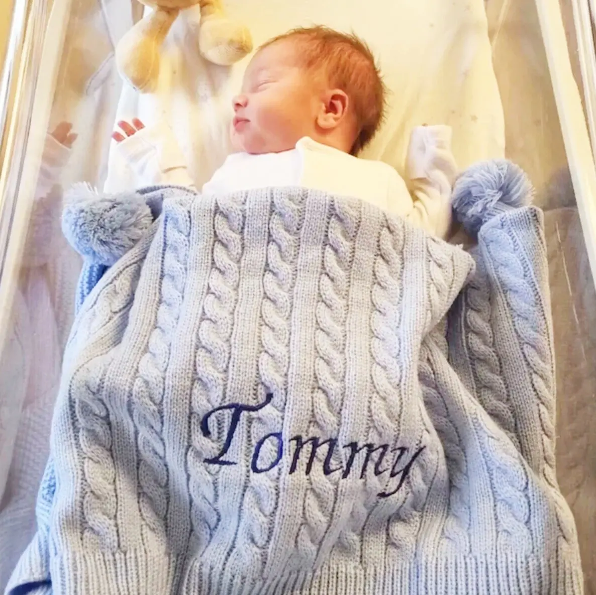 Personalised Blue Cable Knit Baby Pom Blanket