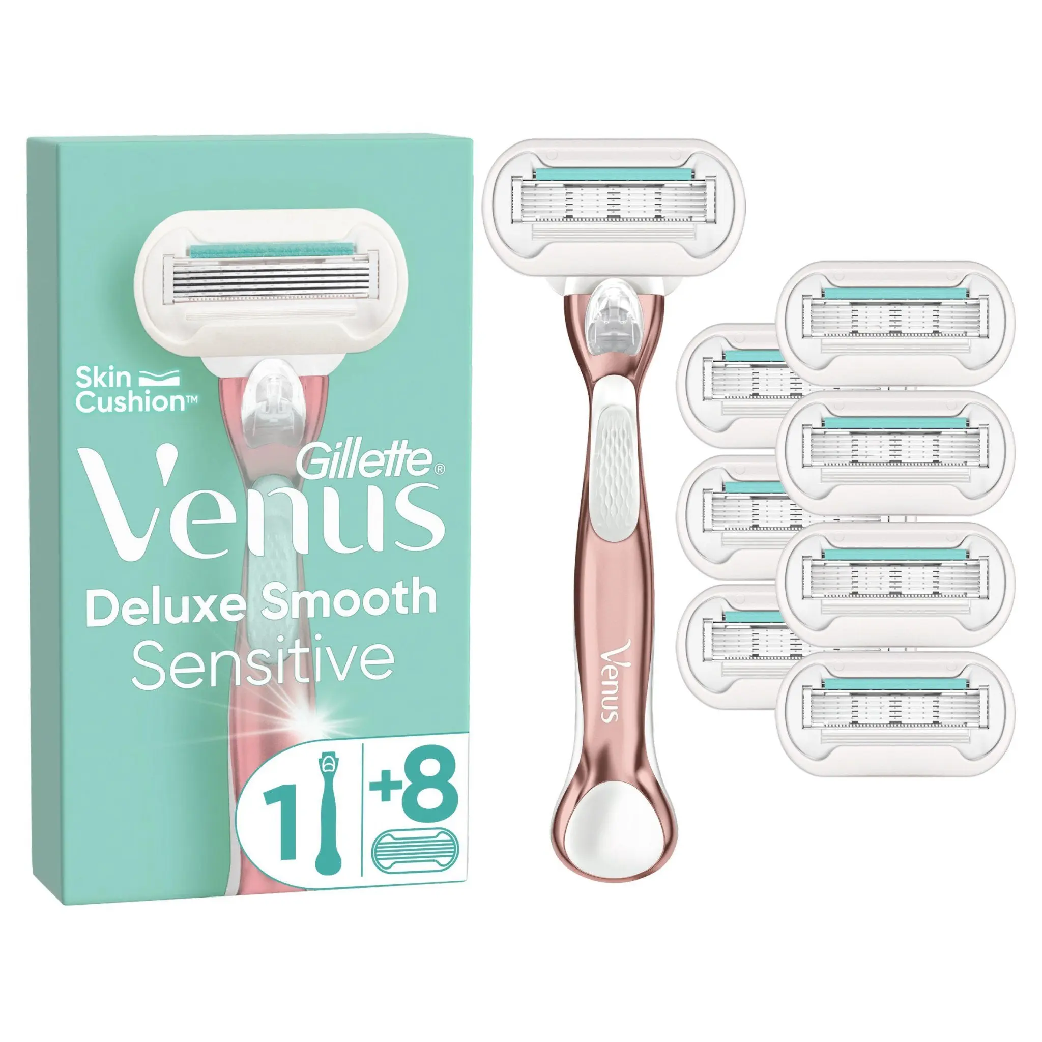 Gillette Venus Deluxe Smooth Sensitive Rose Gold Razor for Women - 1 Handle + 8 Blade Refills | Smooth Shave with Moisture Ribbon