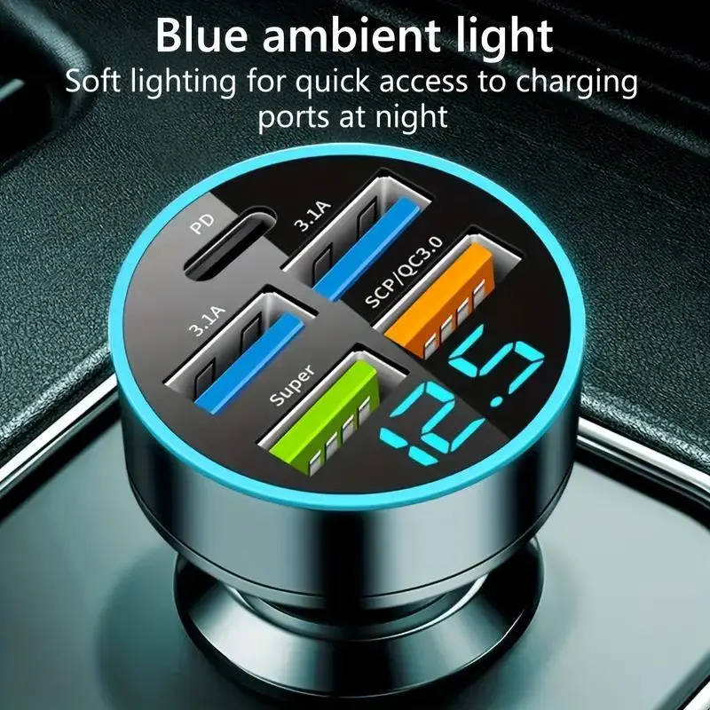USB Car Charger With 5 Ports For PD And QC3.0 Fast Charging, Voltage Detection, And Digital Display - Charge Multiple Devices Simultaneously