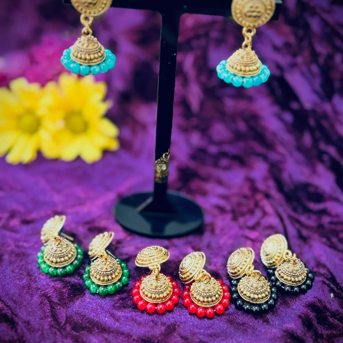 Oxidised Gold Jhumki with Colourful Beads - Dainty and Beautiful