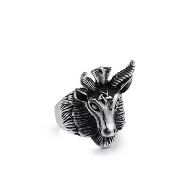 Baphomet Goat Head Black Death Satanic Pentagram Hornet Ram Retro Gothic Ring Male Anniversary Auspicious 5