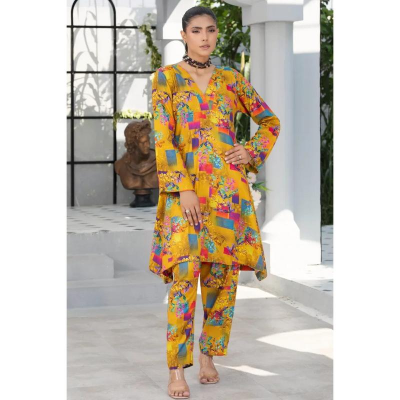 Readymade womenswear Linen Ethnic Floral Printed CO-ORDS-1452-Mustard Shirt Suit 4