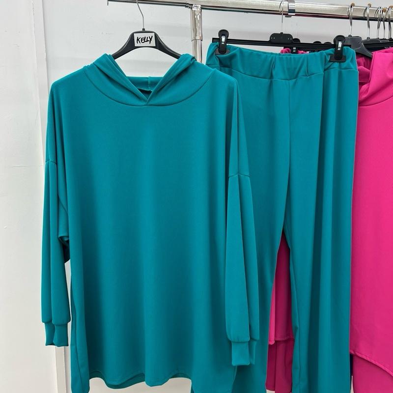 (KELLY) PORTEAPORTE FASHION - Long Sleeve  Woman’s Fashion Clothing - PLUS SIZE Lightweight Ribbed Spring Hoodie and Joggers Loungewear Suit - 10-26 Womenswear Comfortable Matching 3