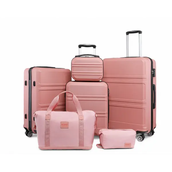 KSK2483+EA2212 - Kono 5 Piece Luggage Set 20/24/28 Inch Sleek Striped Expandable ABS+PC Suitcase With Travel Bag Set - Cream And Brown 0
