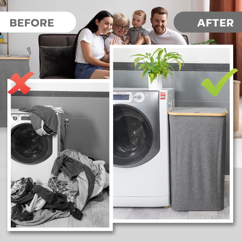 CRAXTER Large Laundry Basket with Lid – 110L Washing Basket for Laundry with Bamboo Handles and Removable Laundry Bag, Foldable Laundry Hamper for Dirty Clothes Slim Laundry Bin Storage Basket (Grey) Organiser 5