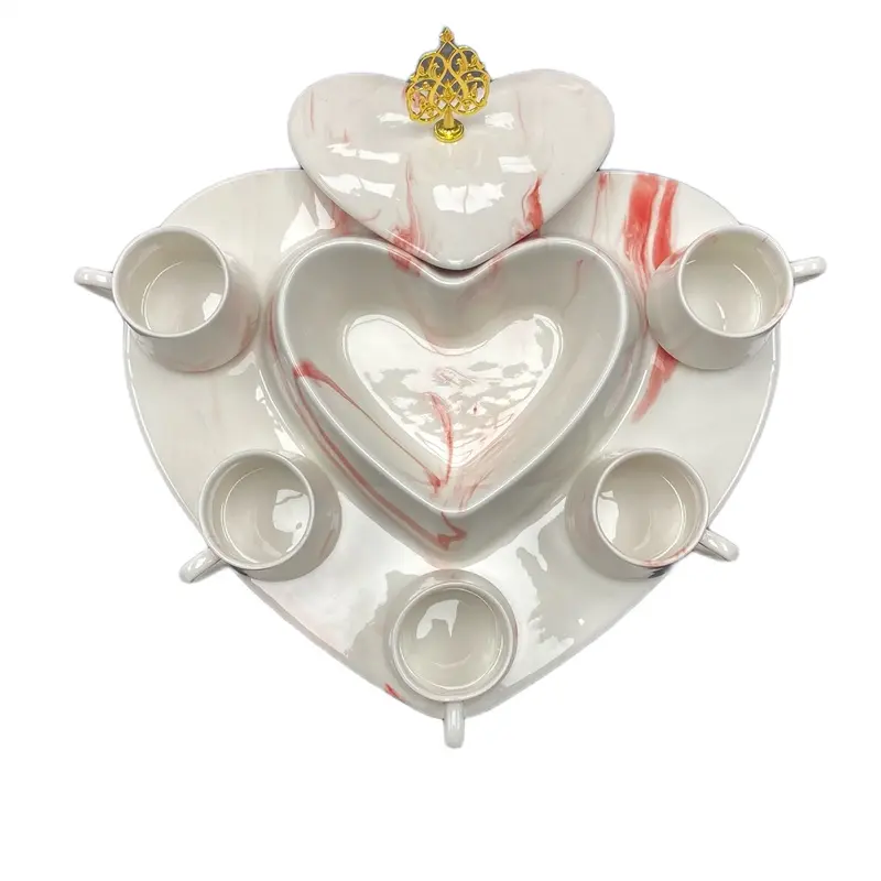 6PCS Ceramic Red Marble Effect Coffee Set 1