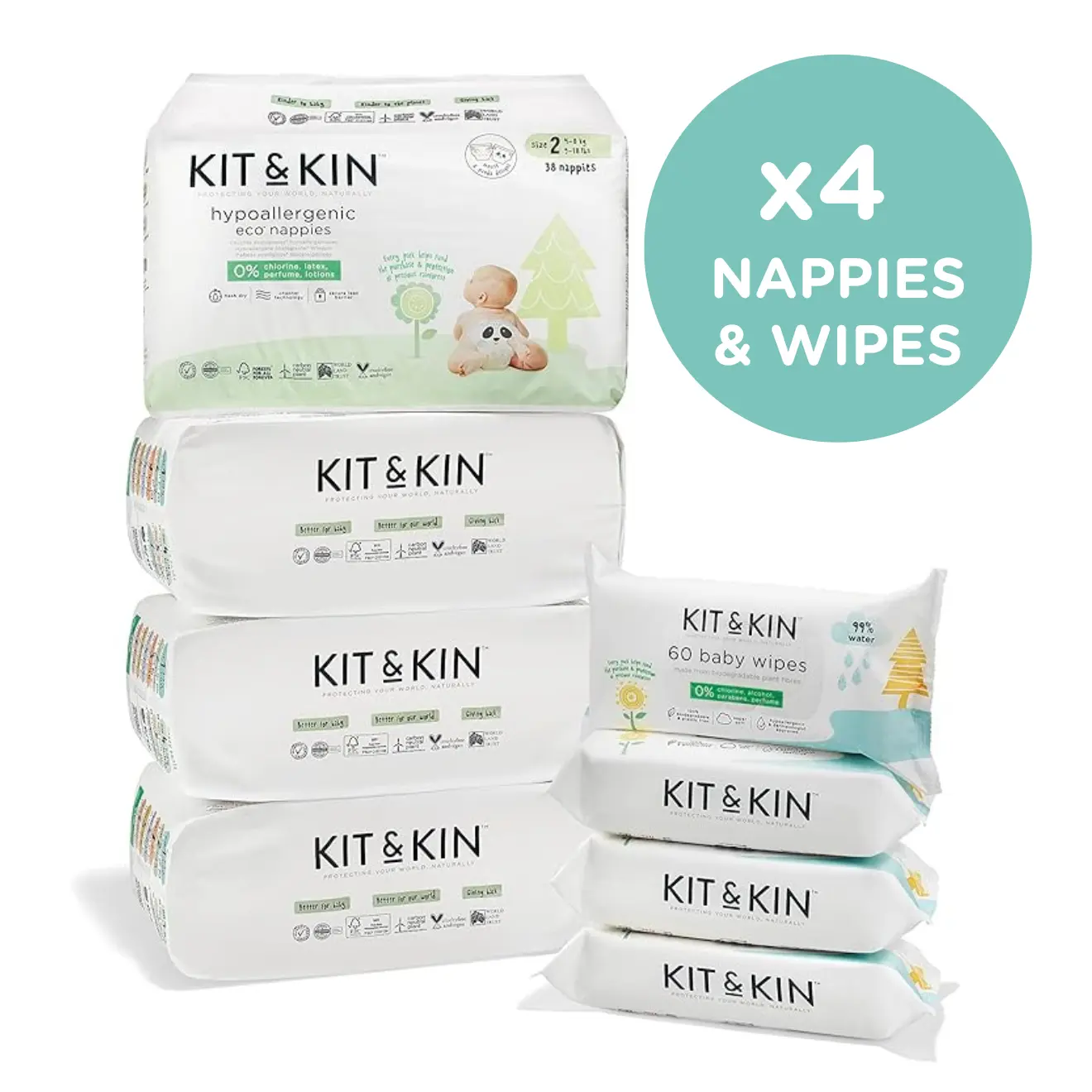 Kit & Kin baby eco changing starter pack - 4 packs of hypoallergenic eco nappies + 4 packs of biodegradable water wipes