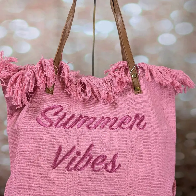 [HOE] Summer Vibes Boho TOTE BAGS BEACH BAG - Faux Leather HANDLES - Beach Laptop College Shopping Bag 5