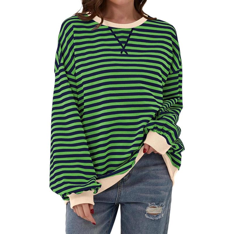 Women's Colorblock Striped Print Contrast Binding Drop Shoulder Sweatshirt, Casual Long Sleeve Round Neck Pullover for Fall & Winter, Ladies Clothes for Daily Wear, Tops for Women Womenswear Hoodie Bridal Comfort Crewneck Baggy Loose 8
