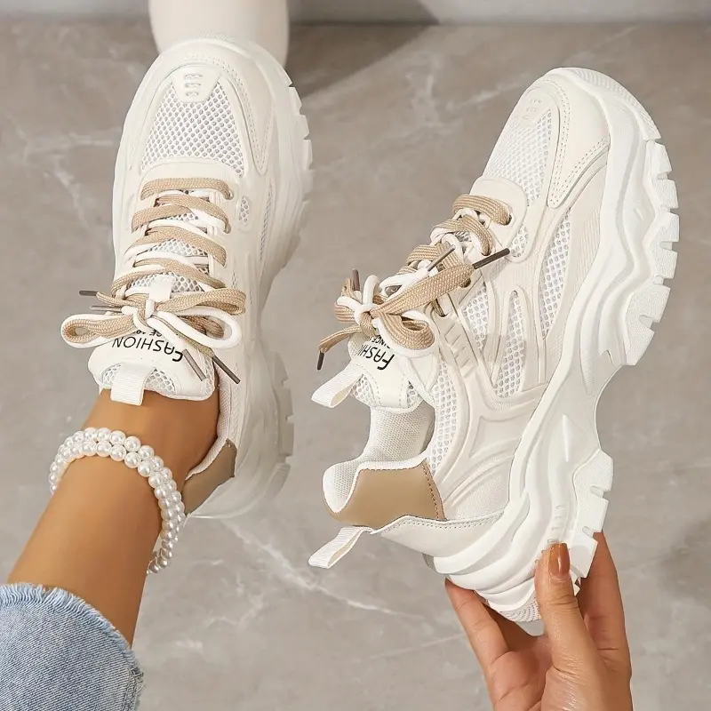 Women's Mesh Chunky Sneakers, Breathable Trendy Low Top Running Trainers, Casual Lace Up Sports Shoes Walking Shoes Runner Training Footwear Athletic Closed Girl