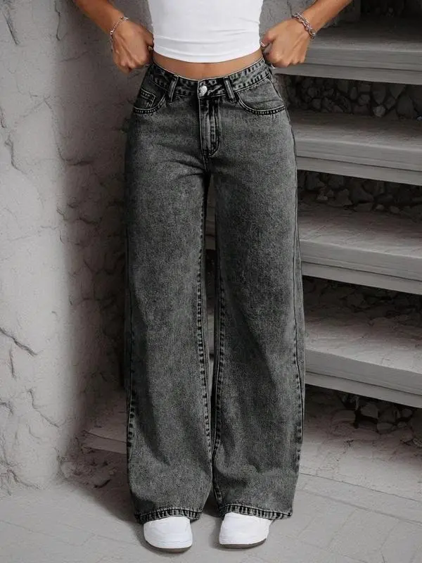Women's Embroidering Design Pocket Button Fly Denim Pants, Casual Fashion Comfy Trousers for Daily Wear, Ladies Bottoms for All Seasons Jean Womenswear Comfort Streetwear Basic Minimalist bumster  flared cargo charli  yellow  skirt  princess polly jeans