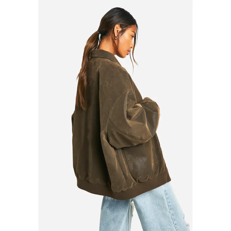 Vintage Look Faux Leather Oversized Bomber Jacket 1