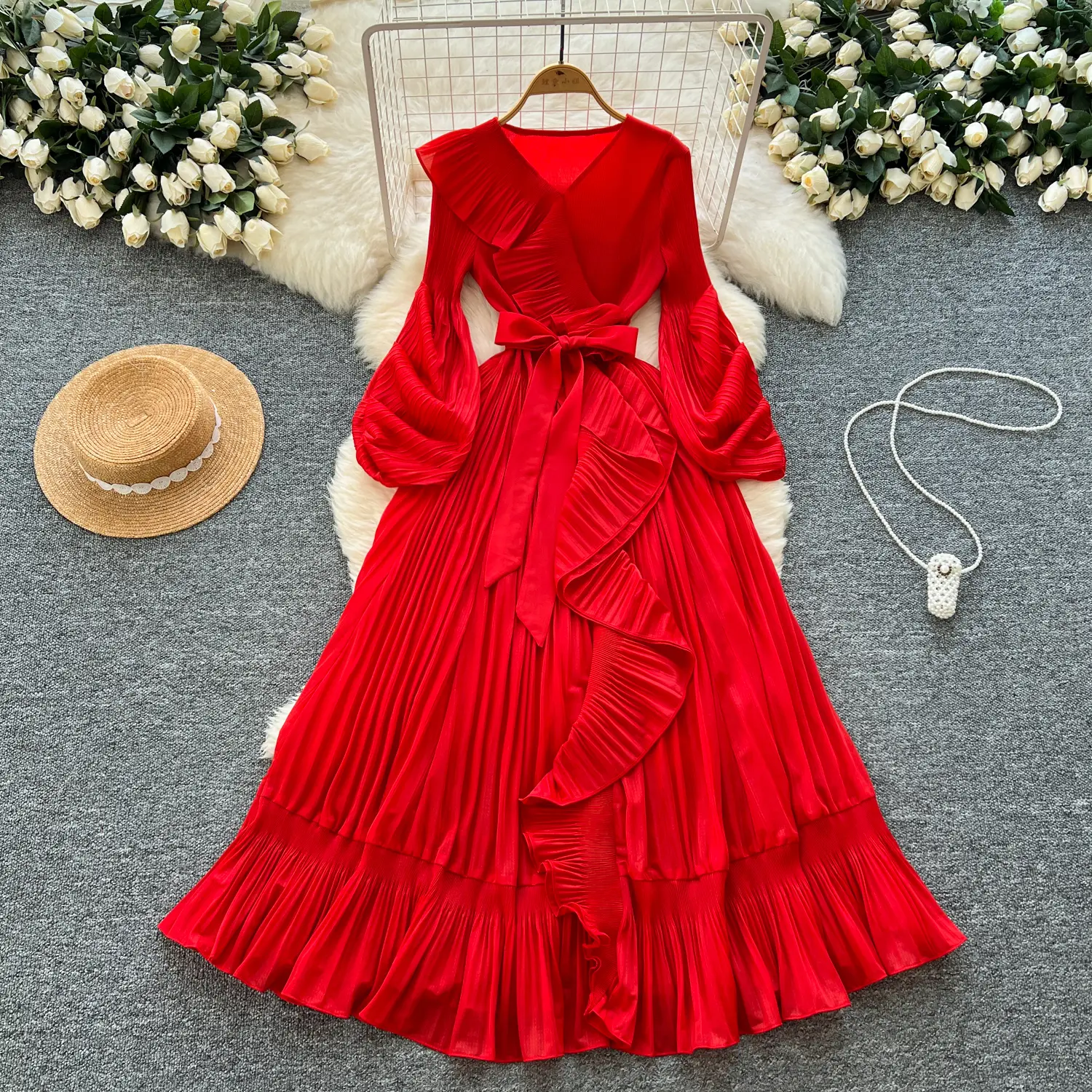 Boutique Wholesale 2025 Spring New Fashionable V-neck Long Sleeved Lace up Ruffle Edge Pleated Waist Women's Dress