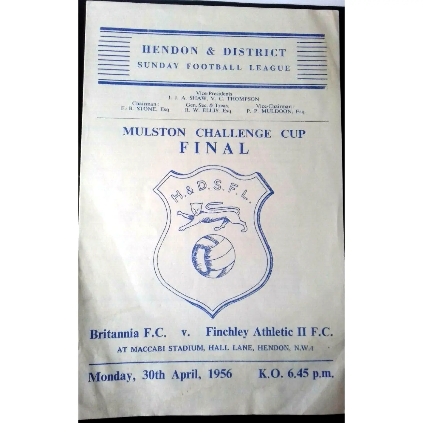 Britannia F.C. v Finchley Athletic II Mulston Challenge Cup Final Mon. 30/4/1956