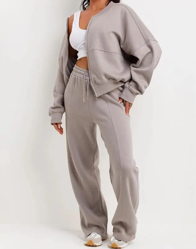 The Walking Style Premium Rising label Womens Bomber Sweatshirt With Zip And Joggers Lounguewear Set-Dove Grey