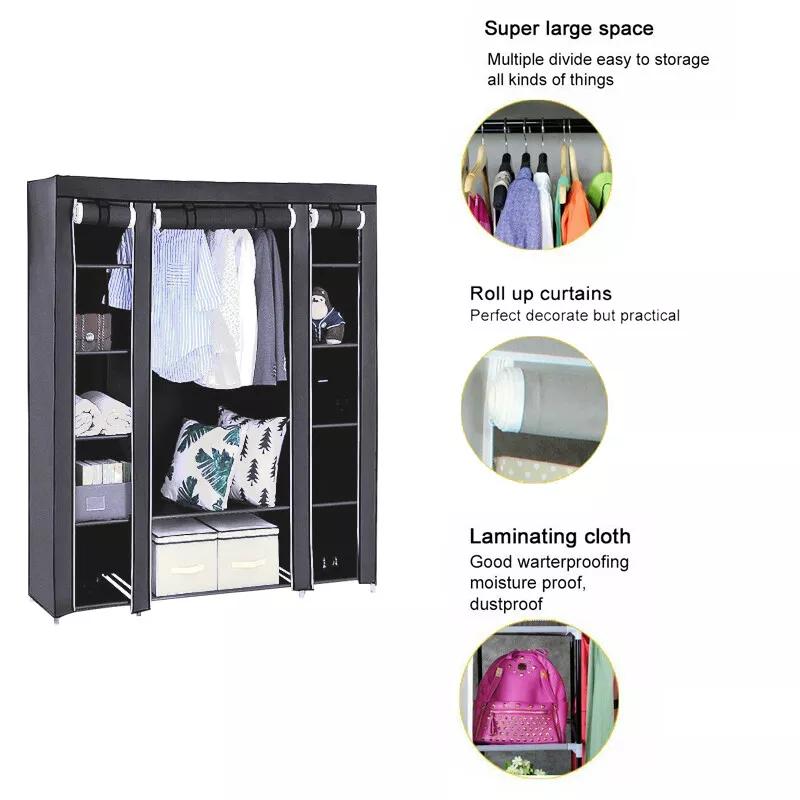 Large Fabric Canvas Wardrobe with Hanging Rail and Shelves for Home Storage - Organiser, Racks 1