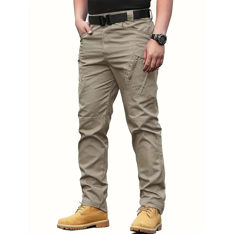 Multi Pocket Men's Tactical Pants, Loose Casual Outdoor Military Pants Without Belt, Mens Cargo Pants For Hiking Menswear Trouser Beige Plain Yellow 1