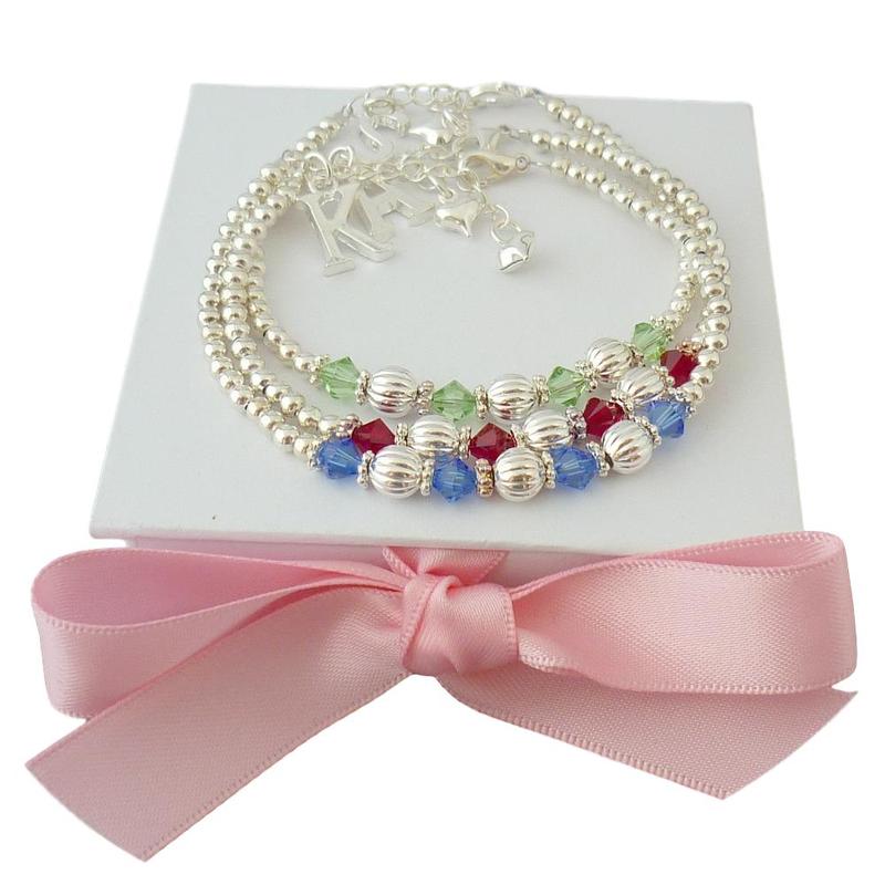 Birthstone Bracelets with Silver Beads, for Girls, in Special Gift Boxes, Any Letter, Initial Charm 1