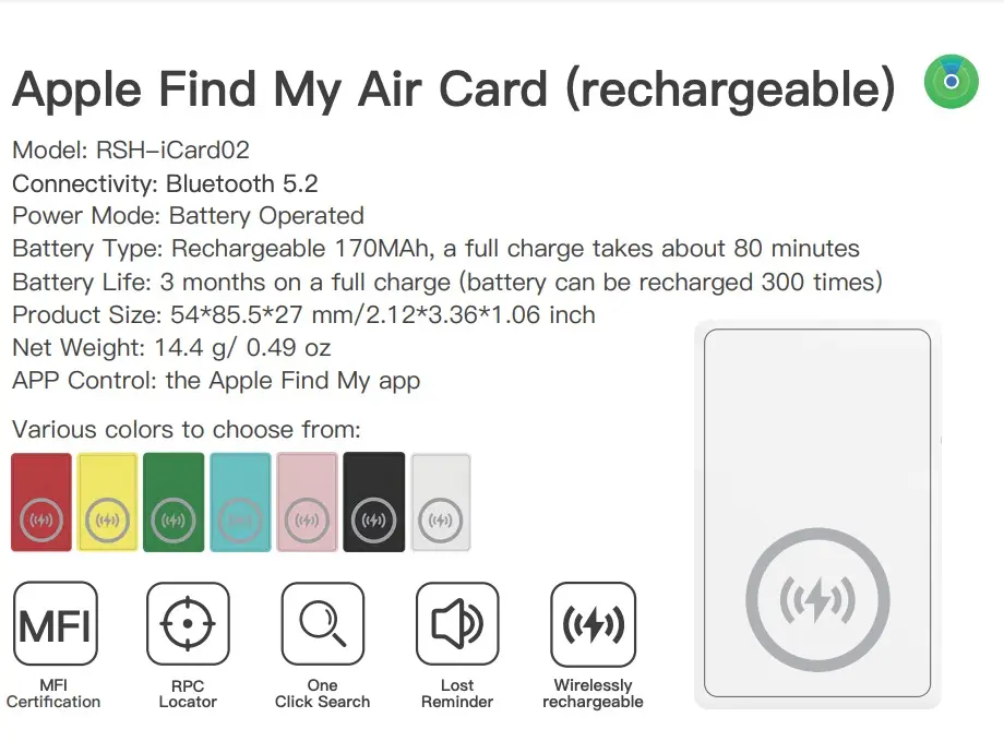 Oscanna GPS Tracker Tag 02 compatible with apple findmy for wallet rechargeable