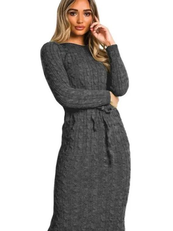 Ladies Women long Midi Cable Knitted Pocket Tie up Party Jumper Dress Casual Comfort Crewneck Soft Womenswear Chic Comfortable Cute Piece Sleeve Style Summer 4