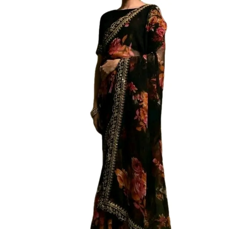 Georgette chiffon with flower print saree with ready blouse size 44" 1