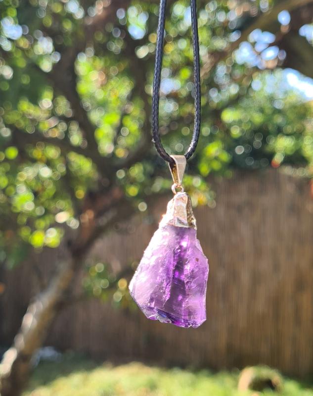 Handmade Raw Amethyst Pendant Necklace with Leather Cord for Spiritual Growth, Protection, and Emotional Healing 0
