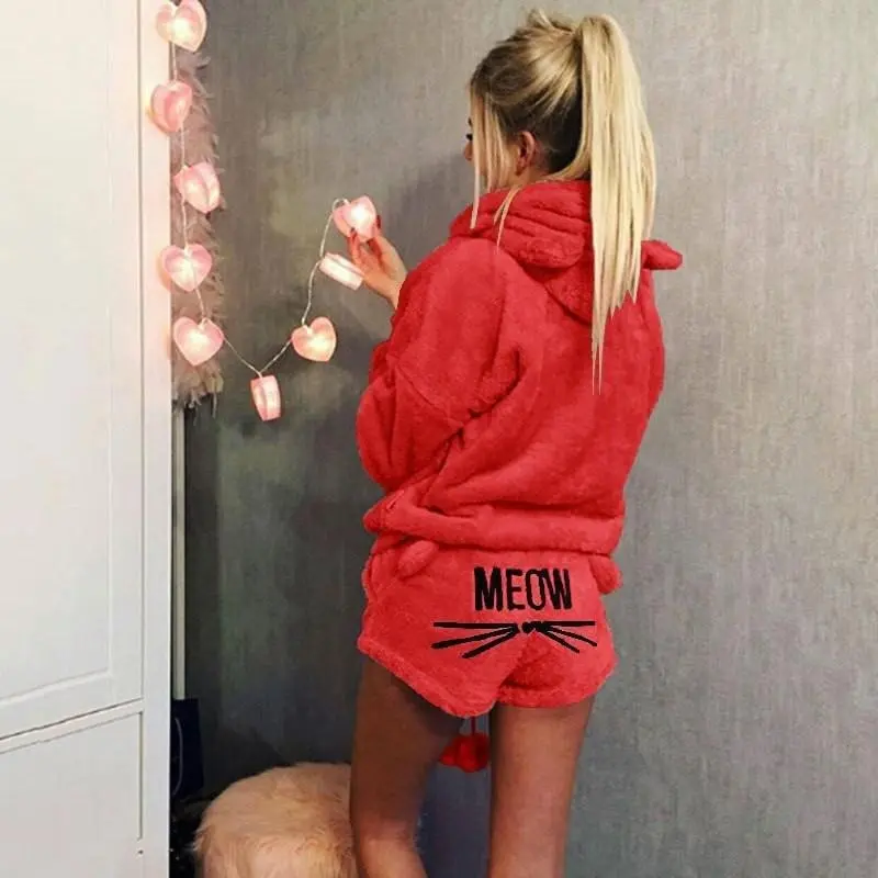 Women Coral Velvet Pajamas Set Autumn Winter Warm Pajamas Two Piece Set Sleepwear Cute Cat Meow Pattern Hoodies Shorts Set Loungewear Womenswear 5