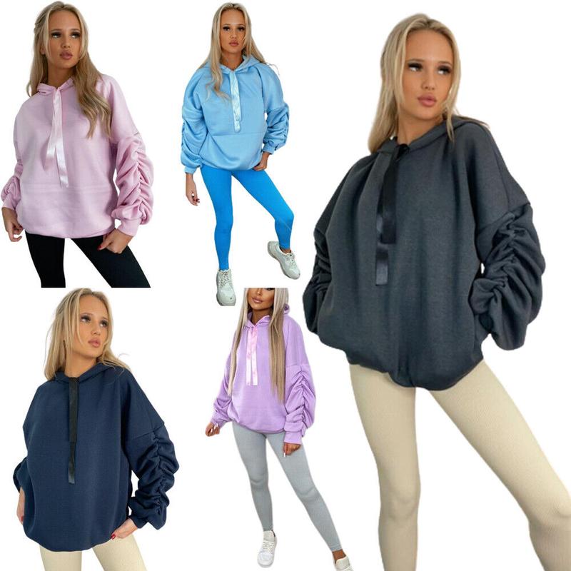 Womens Ruched Sleeve Oversized Hooded With Ribbon Ladies Sweatshirt Jumper Top 1