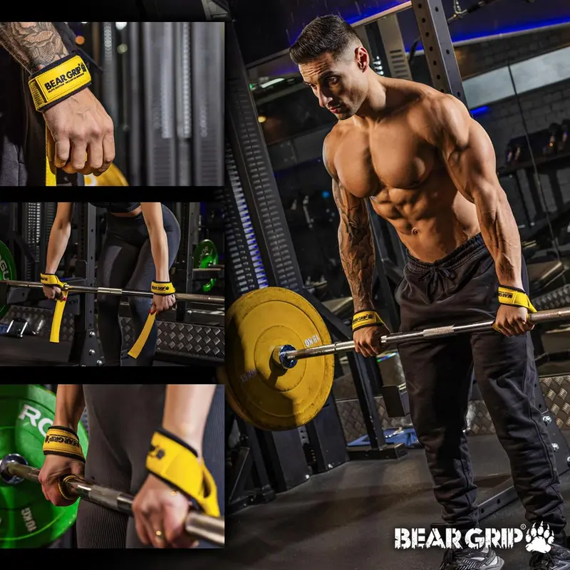 BEAR GRIP Straps - Premium Neoprene Padded Heavy Duty Double Stitched Weight Lifting Gym Straps, Deadlift, Gym Accessories for Men and Women, Advanced Gel Grip, 100% cotton, Extra long length 4