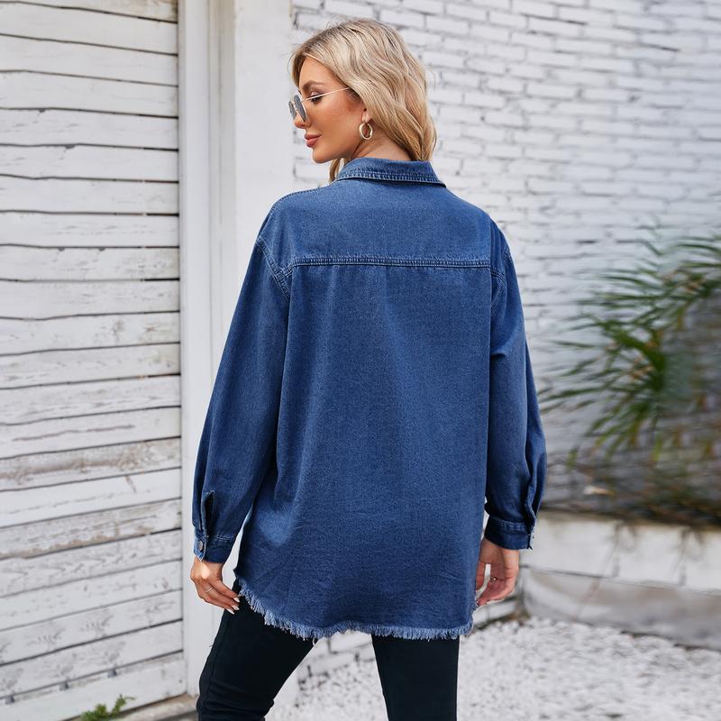 Product Introduction of 2025 new women's washed raw edge denim long sleeve lapel top 11