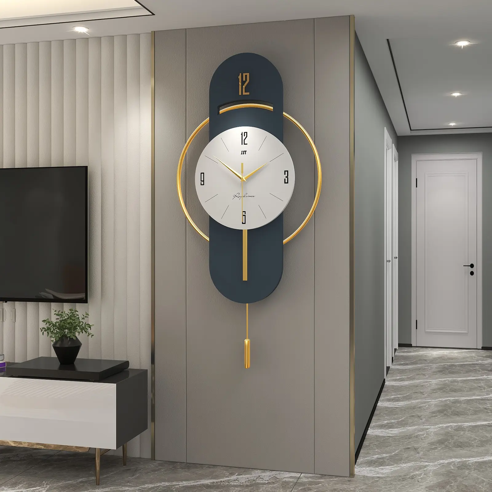 ClockUniverse: Blue and gold wall clock, Pendulum wall clock 84cm * 42cm* large midnight Blue clock, silent non ticking Large decorative wall clock for livingroom Traditional
