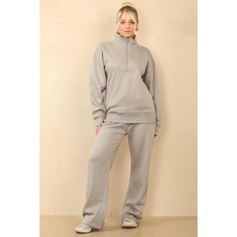 Women's 1/2 Zip Fleece Co-ord Set - Sweatshirt & Wide Leg Joggers with Pockets - Womenswear, Suits Minimalist Basic Suits Comfort Long Sleeve Casual Casual 8