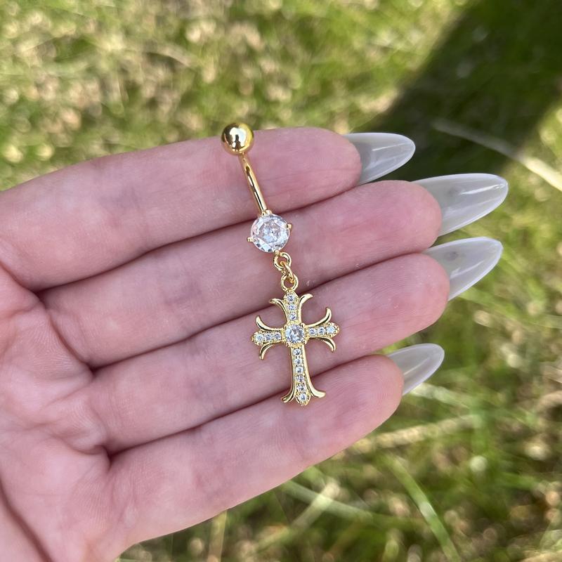 Cross Belly Button Piercing, Gold/Silver Rhinestones Navel Piercing, Pendant Dangle Belly Bar Piercing, Stainless Steel, Navel Rings Gothic ring bars 5